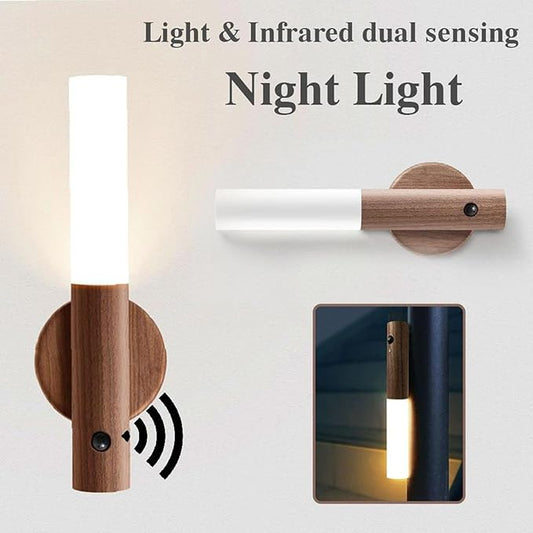 USB Rechargeable Magnetic LED Wall Lamp – Motion Sensor Wooden Night Light for Corridors & Cabinets