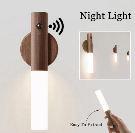USB Rechargeable Magnetic LED Wall Lamp – Motion Sensor Wooden Night Light for Corridors & Cabinets