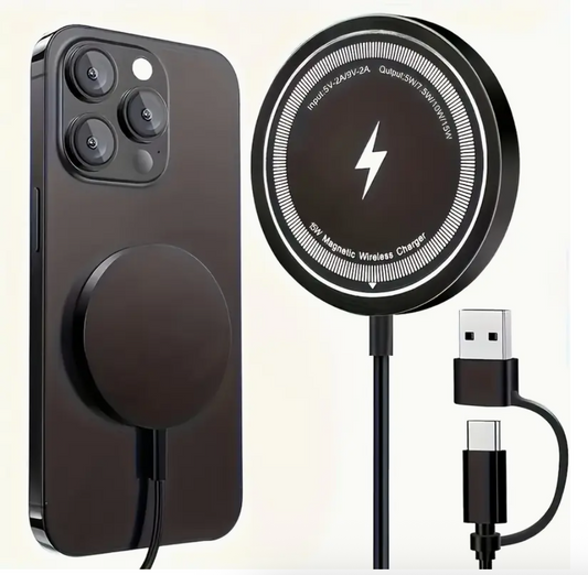 15W Magnetic Fast Wireless Charger Pad – USB-C/A Dual Input | Compatible with iPhone 16/15/14/13/12/11 | Smart Protection